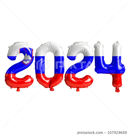 3d illustration of letter about new year 2024 with balloons on color Slovenia flag 107929689