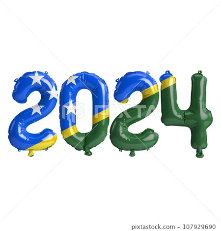 3d illustration of letter about new year 2024 with balloons on color Solomon Islands flag 107929690