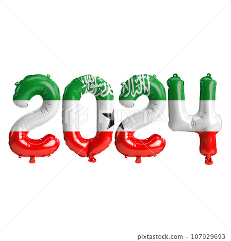 3d illustration of letter about new year 2024 with balloons on color Somaliland flag 107929693