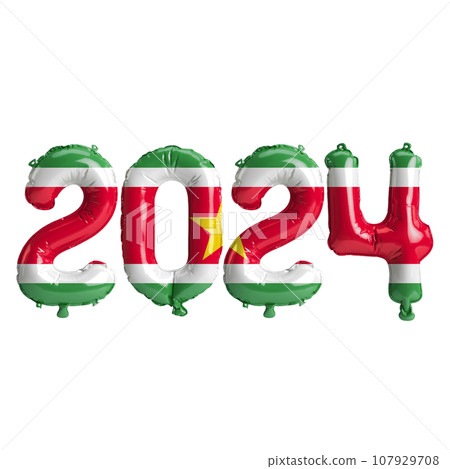 3d illustration of letter about new year 2024 with balloons on color Suriname flag 3d illustration of letter about new year 2024 with balloons on color Suriname flag 107929708