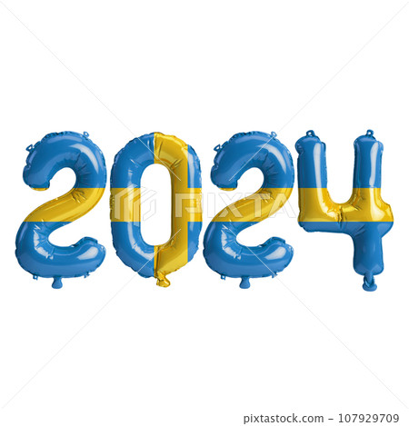 3d illustration of letter about new year 2024 with balloons on color Sweden flag 107929709