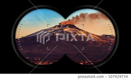 Binoculars Point of View with the Mount Etna Volcano - Italy 107929734