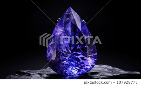 tanzanite (violet zoisite) crystal on black background. macro detail texture background. close-up raw rough unpolished semi-precious gemstone 107929773