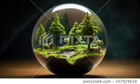 Glass globe with forest inside. Green planet, environmental conservation concept 107929819