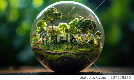 Glass globe with forest inside. Green planet, environmental conservation concept 107929820