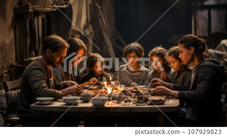 Refugee mixed-race family at migration camp 107929823