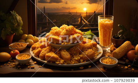 Home made corn dog fried sausage skewer with mustard 107929839