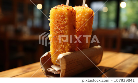 Home made corn dog fried sausage skewer with mustard 107929841