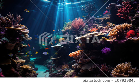 underwater coral reef landscape background in the deep blue ocean with colorful fish and marine life 107929843