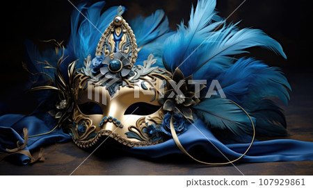 Blue and gold Venetian carnival mask with feathers, copy space 107929861