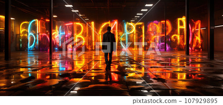 Man looking at the colorful graffiti on the wall in the dark room Man looking at the colorful graffiti on the wall in the dark room 107929895