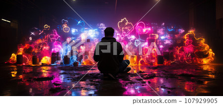 Man looking at the colorful graffiti on the wall in the dark room Man looking at the colorful graffiti on the wall in the dark room 107929905