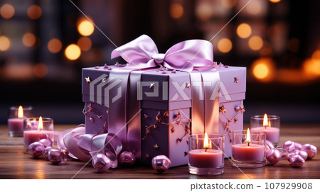 Luxury gift box with romantic candles on the table, festive still life, blurry background Luxury gift box with romantic candles on the table, festive still life, blurry background 107929908