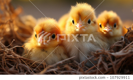 A newborn chicken is knocked out of an egg, brood of small chicks. Close up A newborn chicken is knocked out of an egg, brood of small chicks. Close up 107929911