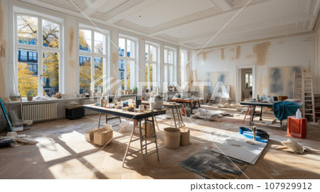 Home renovation in room full of tools and ladders Home renovation in room full of tools and ladders 107929912