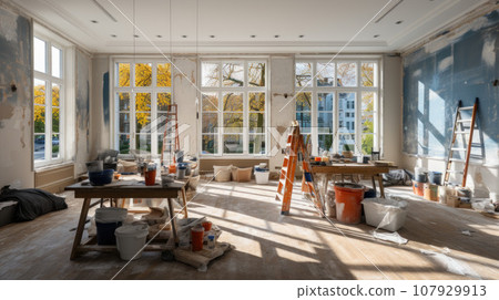 Home renovation in room full of tools and ladders 107929913