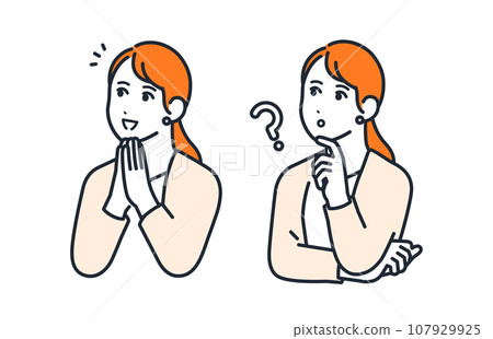 一個簡單的向量插圖設置了一個年輕女商人的材料,她帶著思考的表情和微笑和快樂的表情。 一個簡單的向量插圖設置了一個年輕女商人的材料,她帶著思考的表情和微笑和快樂的表情。 107929925