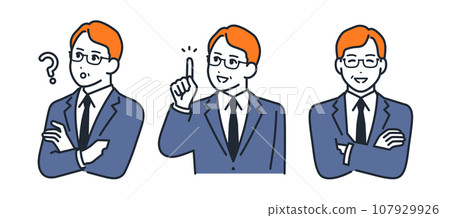 A simple vector illustration set of a middle-aged male boss with a thinking expression and a smiling and happy expression. A simple vector illustration set of a middle-aged male boss with a thinking expression and a smiling and happy expression. 107929926