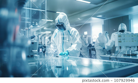 Scientists in Hazmat Sterile Suits in Technologically Advanced Laboratory 107929946