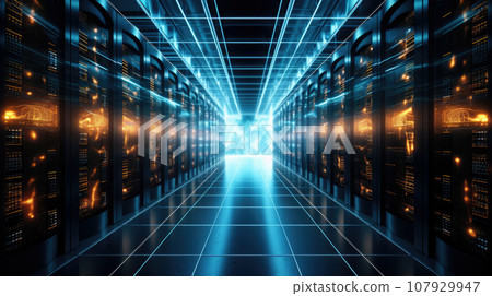 Stand with server hardware and lighting in the server room motion blur Stand with server hardware and lighting in the server room motion blur 107929947