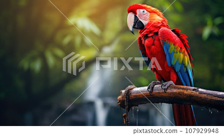 Red parrot Scarlet Macaw, Ara macao, bird sitting on the branch, Colombia. Beautiful parrot on green tree in nature habitat. Red parrot Scarlet Macaw, Ara macao, bird sitting on the branch, Colombia. Beautiful parrot on green tree in nature habitat. 107929948