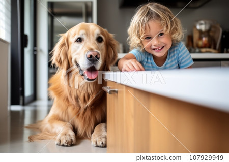 Little boy with sales golden retriever puppies