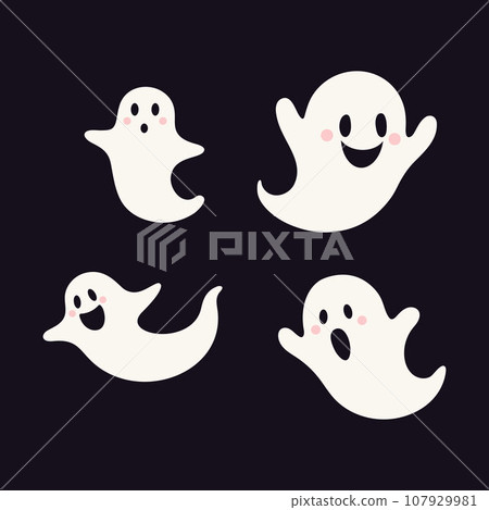Set of cute ghosts. Scary ghostly monsters design decoration for Halloween party. Cartoon spooky character for October party and invitations. Flat vector stock illustration 107929981