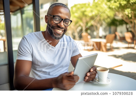 Portrait of cheerful African American businessman in casual clothes with tablet and cup of coffee. Happy smiling mature man, successful entrepreneur or employee working in office or coworking cafe. 107930028