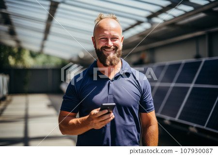 Smiling middle-aged man with a smartphone against the background of solar panels. Experienced entrepreneur runs a business installing solar panels. Alternative energy and smart home technology. 107930087