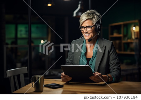 Cheerful smiling female blogger hosting a podcast in the studio. Caucasian woman wearing headphones uses laptop, microphone and studio equipment to record live stream for the channel and subscribers. 107930184
