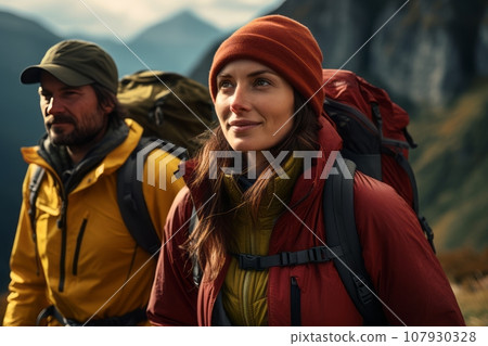 Happy young female and male tourists against the backdrop of stunning mountain landscape. Group of hikers in modern bright outfits with backpacks walking along mountain path. Active sports and travel. 107930328