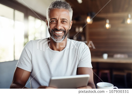 Portrait of cheerful African American businessman in casual clothes with tablet and cup of coffee. Happy smiling mature man, successful entrepreneur or employee working in office or coworking cafe. 107930331