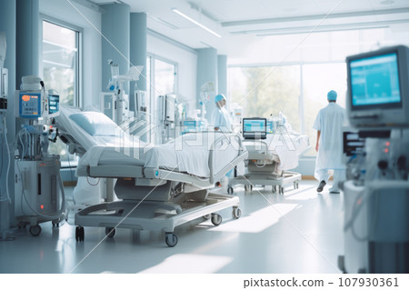 General view of a medical ward in a hospital. Doctors and healthcare workers in personal protective equipment take care of patients, fight infection during a pandemic, using modern medical equipment. General view of a medical ward in a hospital. Doctors and healthcare workers in personal protective equipment take care of patients, fight infection during a pandemic, using modern medical equipment. 107930361