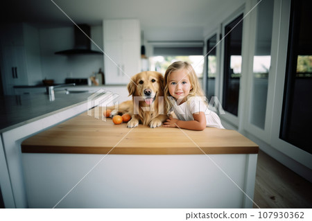 Beautiful little girl is posing with a golden retriever dog at the kitchen table. Cute baby and her pet preparing for breakfast at home. Happy smiling girl and puppy enjoy their time spent together. Beautiful little girl is posing with a golden retriever dog at the kitchen table. Cute baby and her pet preparing for breakfast at home. Happy smiling girl and puppy enjoy their time spent together. 107930362