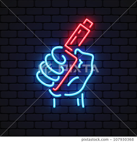 Electronic cigarette neon sign. Hand holding... - Stock Illustration  [107930368]
