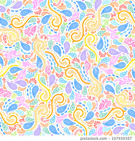 Paisley pattern illustration. Background design drawn with colorful lines. Paisley pattern illustration. Background design drawn with colorful lines. 107930387