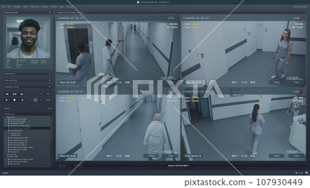 Playback CCTV cameras in modern hospital with AI facial recognition 107930449