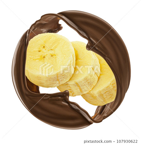 Banana slices and round chocolate splash isolated on white background 107930622
