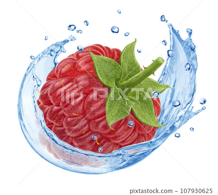 Raspberry falling into water splash isolated on white background Raspberry falling into water splash isolated on white background 107930625