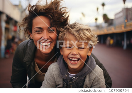Close-up portrait of a beautiful woman and her son against the backdrop of a city fair and amusement park. Cheerful, smiling mother and boy relaxing and enjoying their time. Leisure and entertainment. Close-up portrait of a beautiful woman and her son against the backdrop of a city fair and amusement park. Cheerful, smiling mother and boy relaxing and enjoying their time. Leisure and entertainment. 107930794