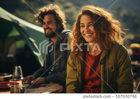 Portrait of happy young couple in the mountains against the backdrop of a tent camp. Caucasian family in outwear is engaged in a mountain hike. Active lifestyle, tourism and vacation concept. Portrait of happy young couple in the mountains against the backdrop of a tent camp. Caucasian family in outwear is engaged in a mountain hike. Active lifestyle, tourism and vacation concept. 107930798