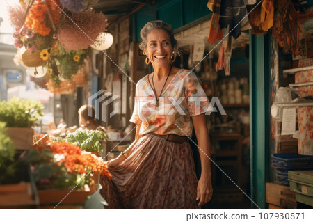 Senior Hispanic woman in traditional national clothing at a city market. A gray-haired smiling lady is shopping, choosing fresh vegetables and herbs for lunch. Local traditions of everyday life. Senior Hispanic woman in traditional national clothing at a city market. A gray-haired smiling lady is shopping, choosing fresh vegetables and herbs for lunch. Local traditions of everyday life. 107930871