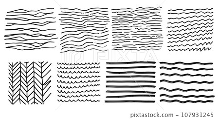 Pattern, texture, line hand drawn. Hatch drawing pen ink and crosshatch draw pencil sketch. Doodle scratch style. Black shape isolated on white background. Vintage graphic design. Vector illustration 107931245