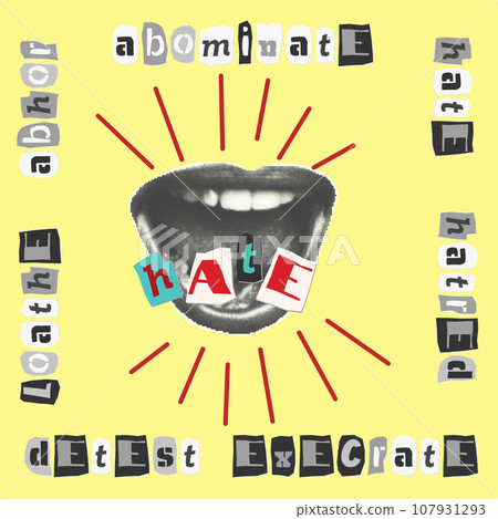 Collection collage elements. open mouth, teeth, lips and cut out text halftone style. Scream, hate, fake news concept. Punk y2k retro magazine clippings on yellow background. Vector illustration 107931293