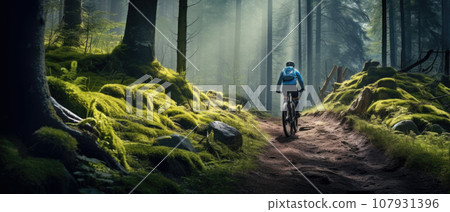 Mountain biker riding on bike in spring inspirational forest landscape. Man cycling MTB on enduro trail track. Sport fitness motivation and inspiration Mountain biker riding on bike in spring inspirational forest landscape. Man cycling MTB on enduro trail track. Sport fitness motivation and inspiration 107931396
