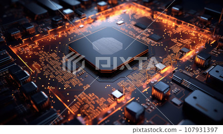 Glowing modern processor. Big illuminated graphic processor surrounding by other electrical components Glowing modern processor. Big illuminated graphic processor surrounding by other electrical components 107931397
