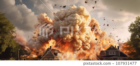 Collapsed after explosion rural house-插圖素材 [107931477] - PIXTA圖庫