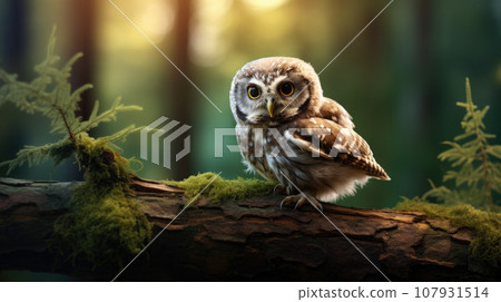 View of spotted owlet perched on a tree branch 107931514