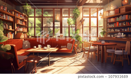 Cozy cafe interior with sofas and tables for quick lunch, angle view, panorama 107931689