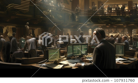 Panoramic view to trading floor of the stock exchange 107931760
